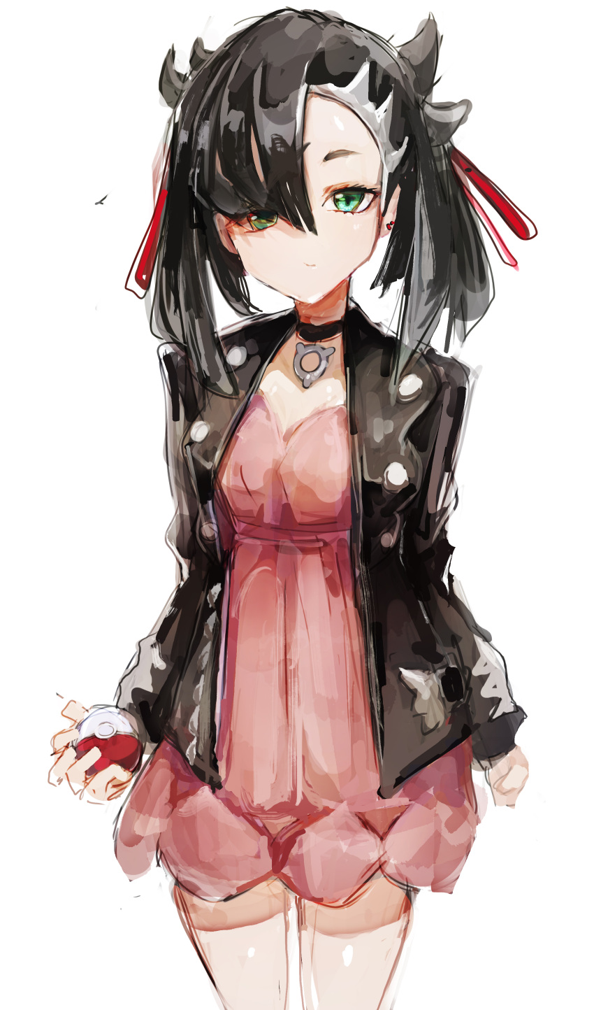 1girl, absurdres, arms_at_sides, asymmetrical_bangs, bangs, black_choker, black_hair, black_jacket