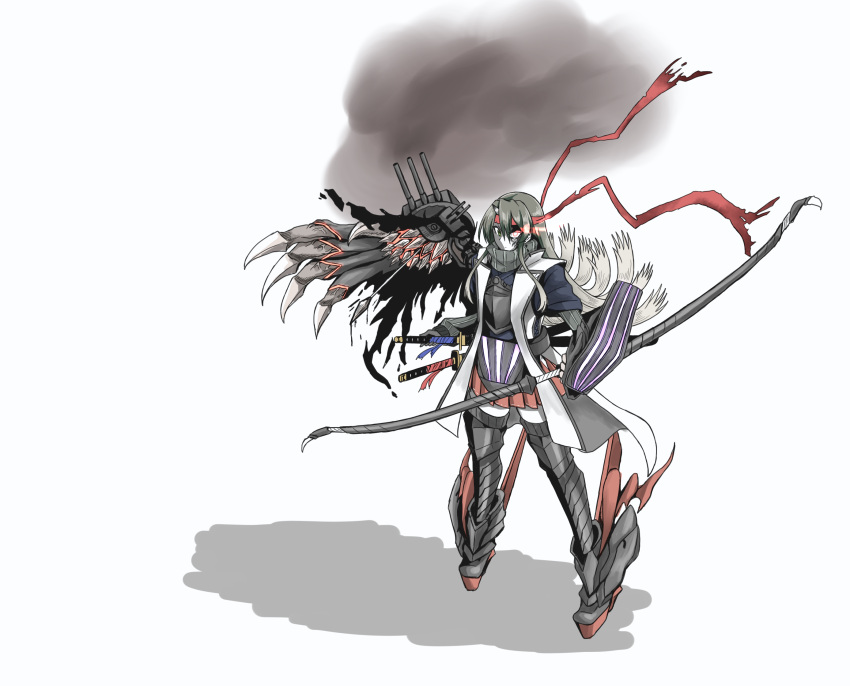 1girl, abyssal_crane_princess, abyssal_ship, boots, bow_(weapon), cannon, dark_green_hair, full_body