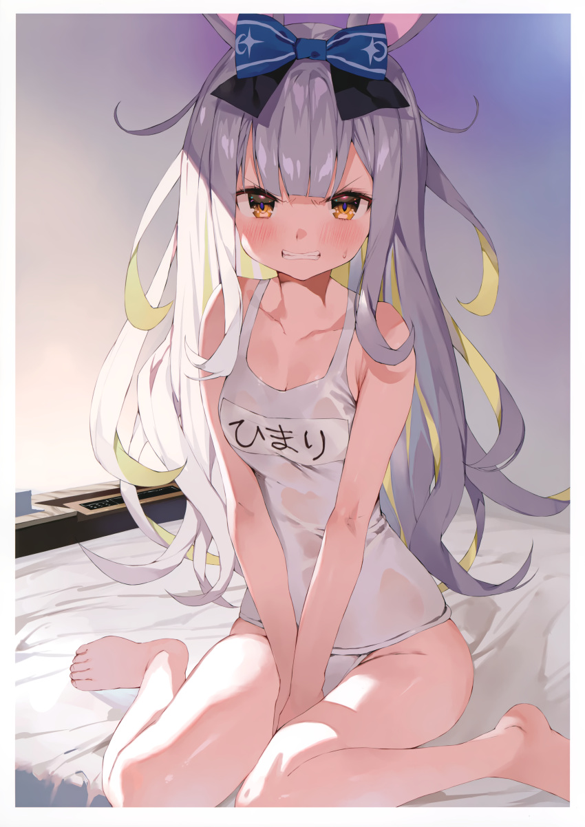 1girl, absurdres, angry, bare_shoulders, barefoot, bow, brown_eyes, clenched_teeth