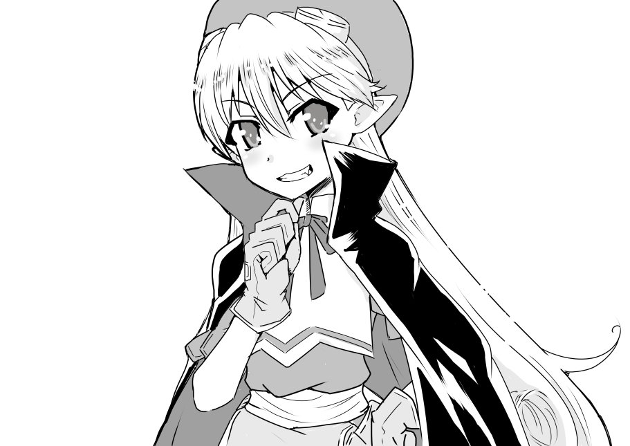 1girl, cape, curly_hair, fang, gloves, goggles, goggles_on_head, greyscale
