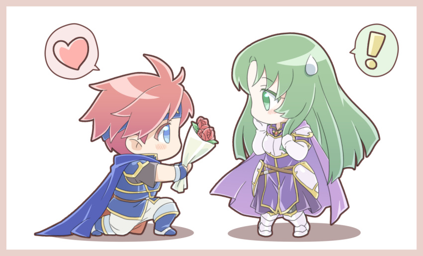 !, 1boy, 1girl, armor, blue_cape, blue_eyes, blue_headband, blush