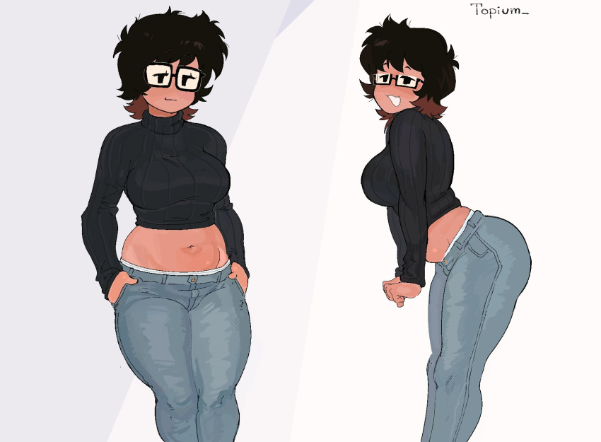 1girl, artist_name, bangs, black_hair, black_sweater, breasts, brown_hair, feet_out_of_frame