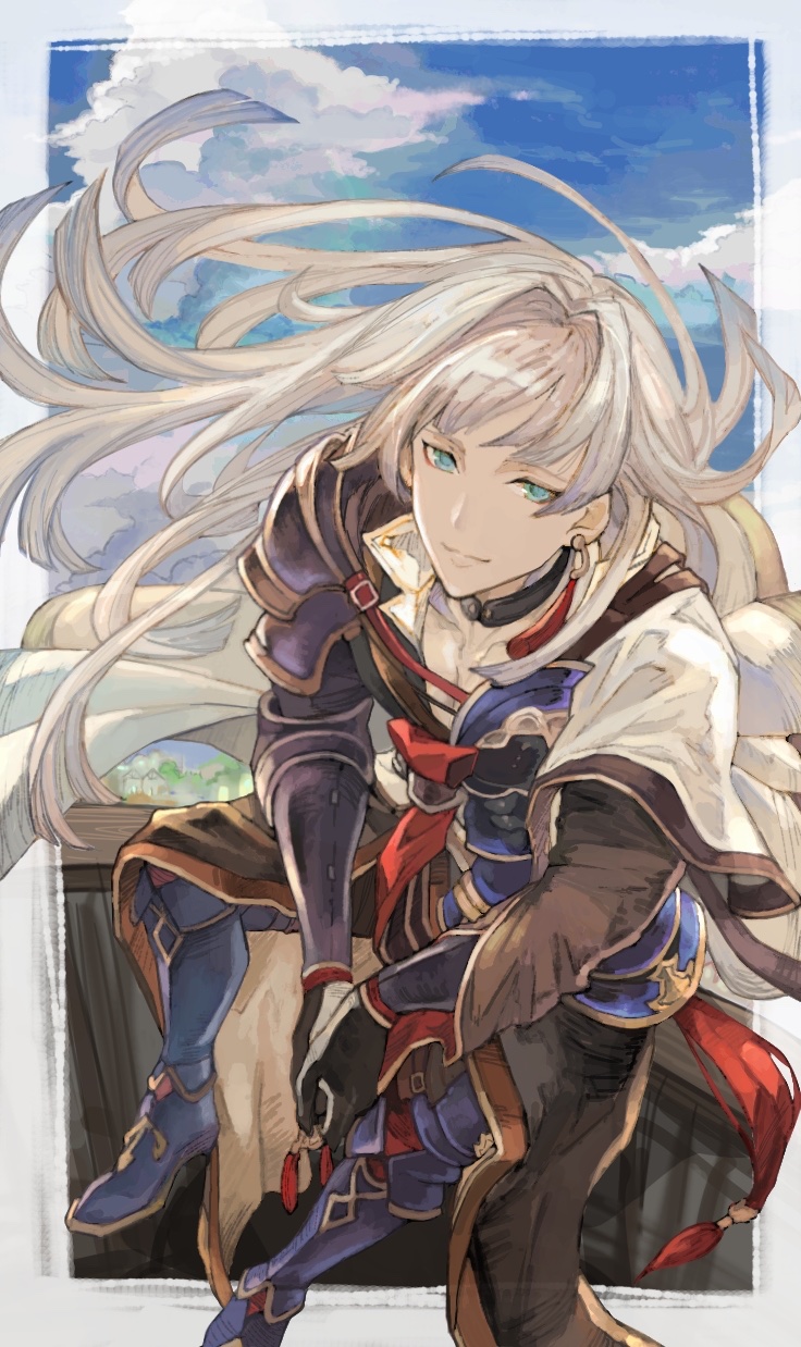 1boy, belt, blue_eyes, border, cape, cassius_(granblue_fantasy), collarbone, commentary_request