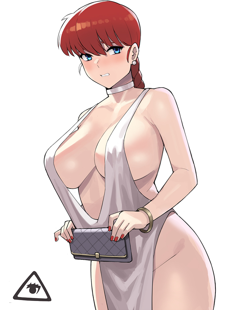 1girl, artist_logo, bangs, blue_eyes, blush, bracelet, braid, breasts, choker, clenched_teeth, collarbone, commentary, cowboy_shot, donburi_(donburikazoku), dress, earrings, embarrassed, gold_bracelet, holding, holding_wallet, jewelry, large_breasts, long_hair, looking_at_viewer, no_bra, no_panties, open_mouth, pearl_earrings, ranma-chan, ranma_1/2, red_nails, redhead, simple_background, solo, standing, teeth, wallet, white_background, white_choker, white_dress, women's_wallet