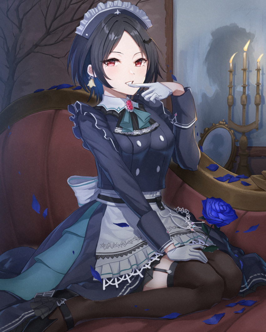 1girl, alternate_costume, apron, bangs, black_legwear, blue_dress, blue_flower, blue_rose