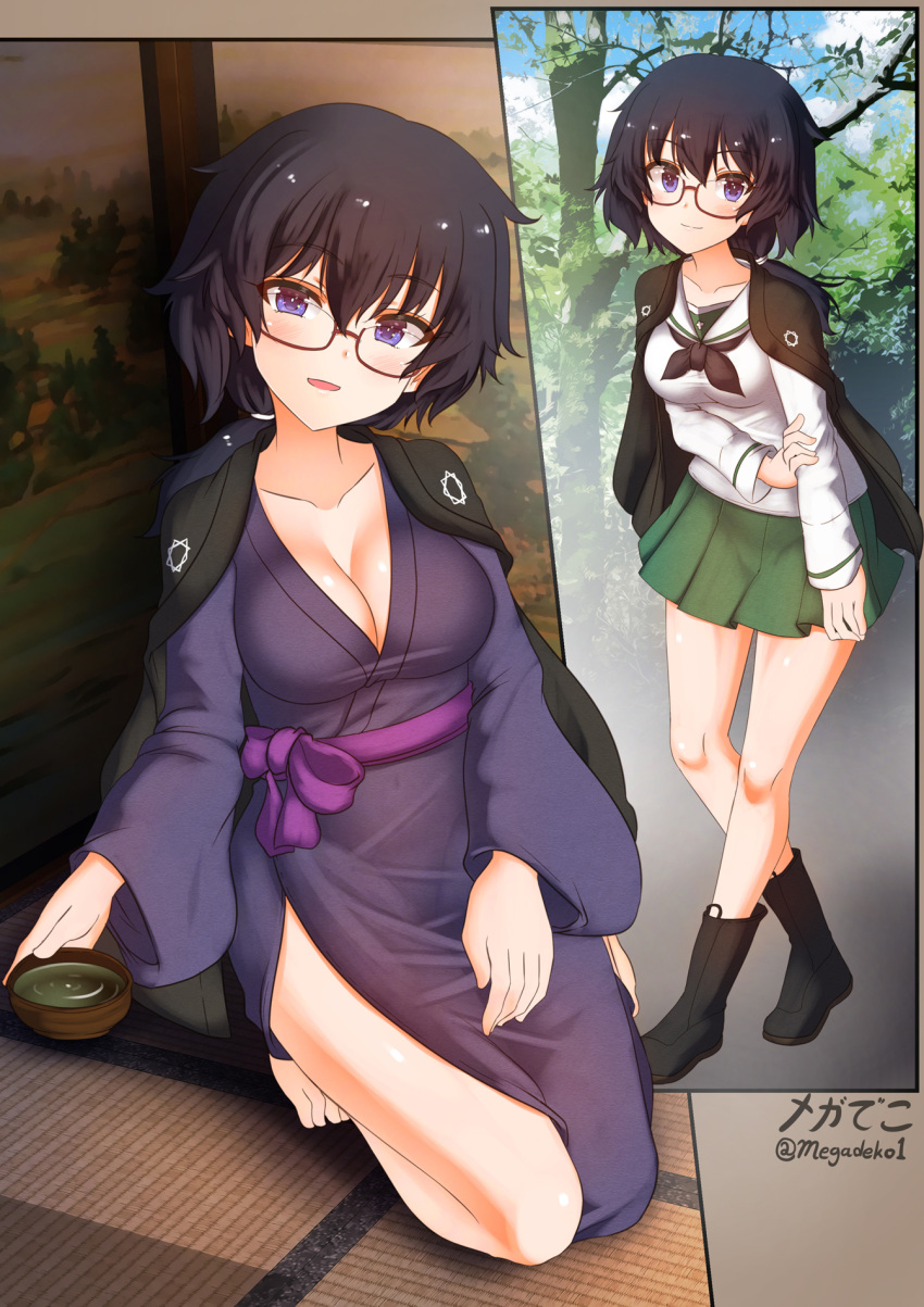 1girl, aquaegg, artist_name, bangs, barefoot, black_footwear, black_hair, black_neckwear