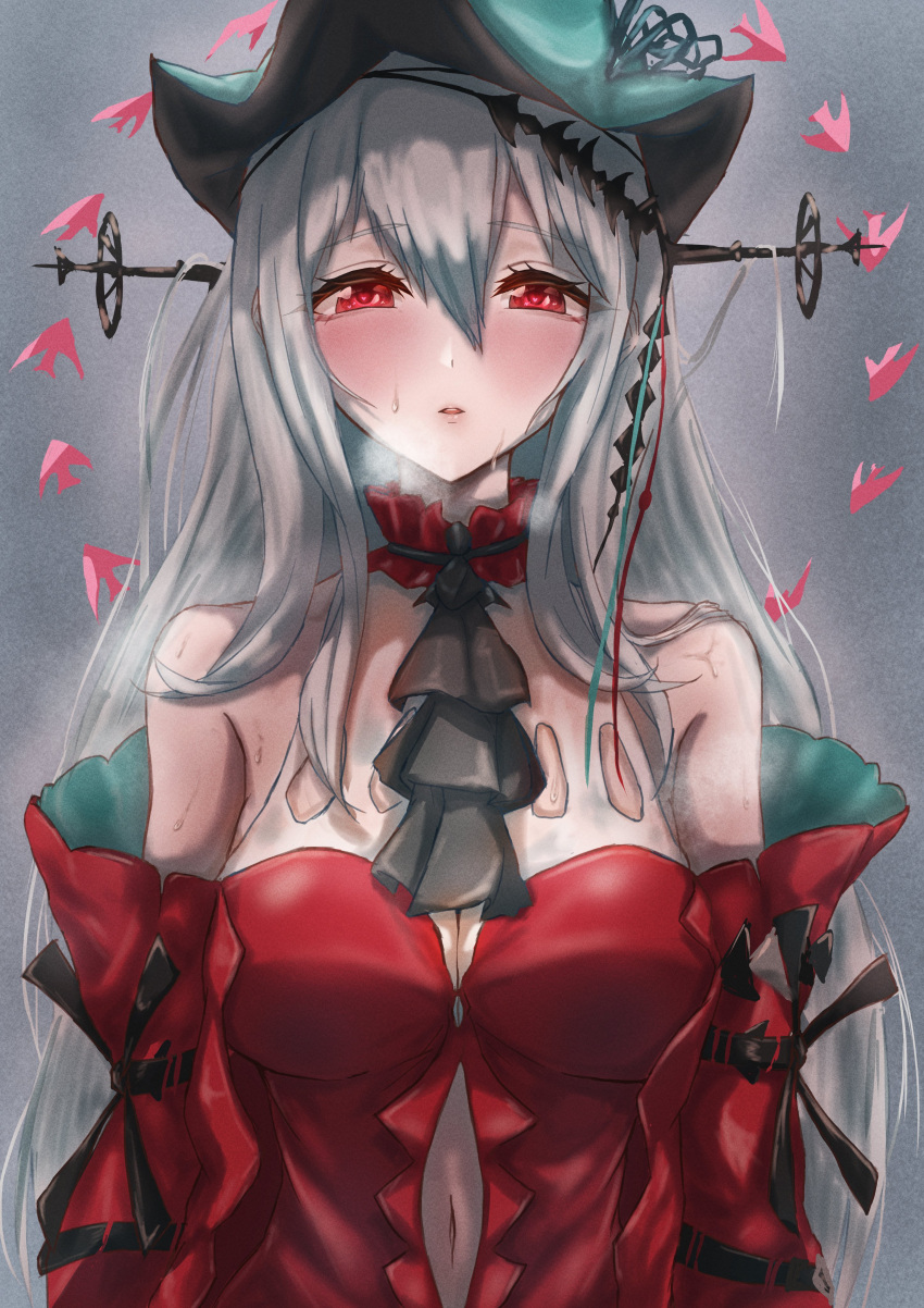 1girl, absurdres, aqua_headwear, arknights, ascot, bare_shoulders, black_ascot, breasts