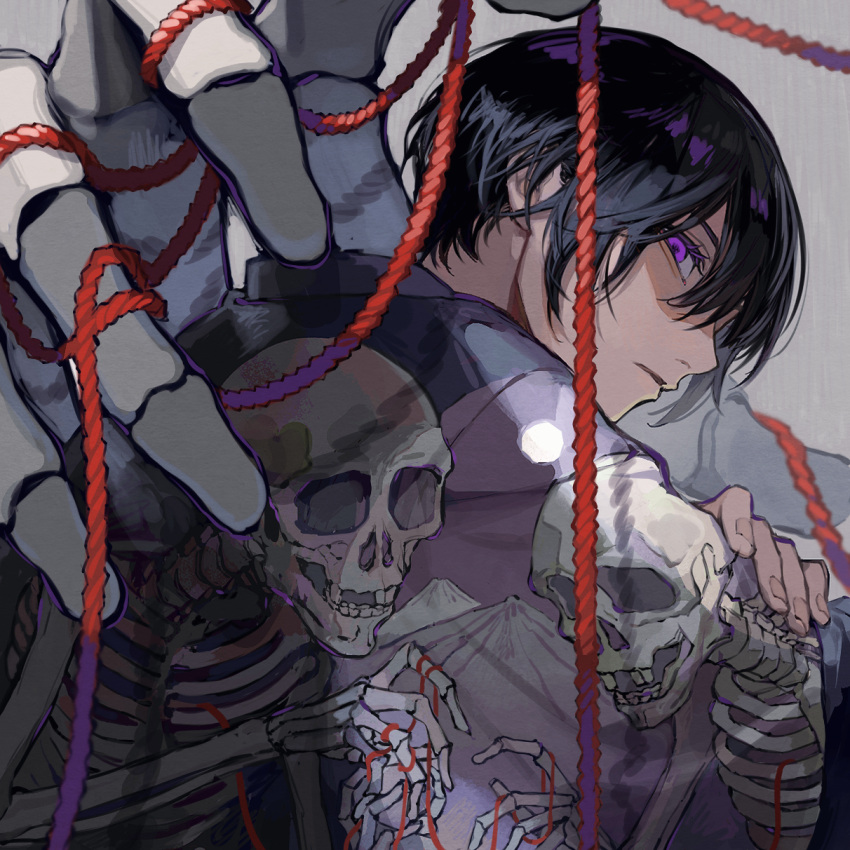 1boy, black_hair, bone, hands, highres, horror_(theme), lying, male_focus, on_stomach, original, rope, short_hair, skeleton, uminonew, violet_eyes