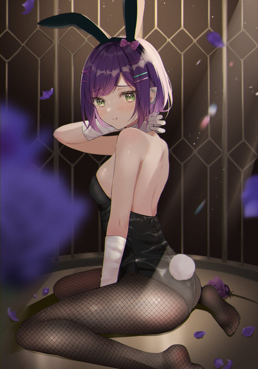 1girl, :t, animal_ears, bangs, between_legs, black_leotard, blurry, blurry_foreground