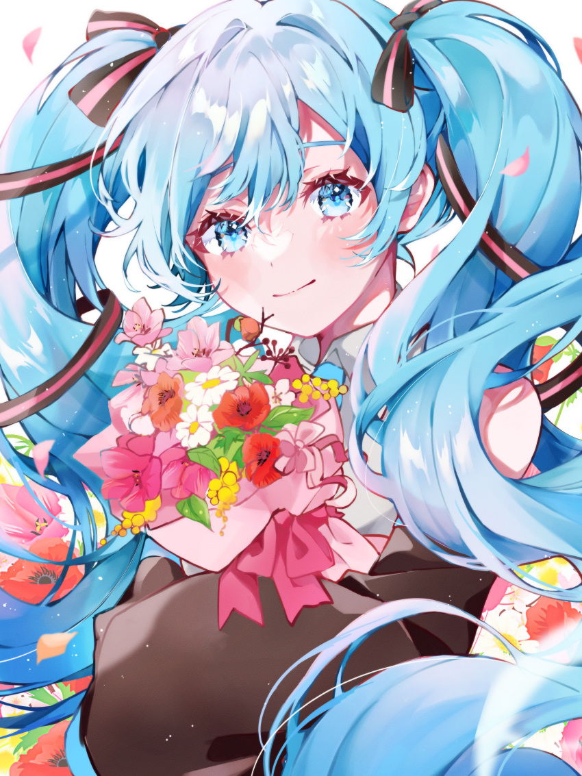1girl, absurdres, bangs, blue_eyes, blue_hair, blue_necktie, bouquet, collared_shirt