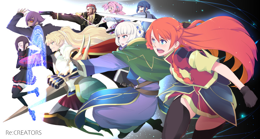 3boys, 5girls, alicetaria_february, aqua_eyes, armor, armored_boots, back, bangs