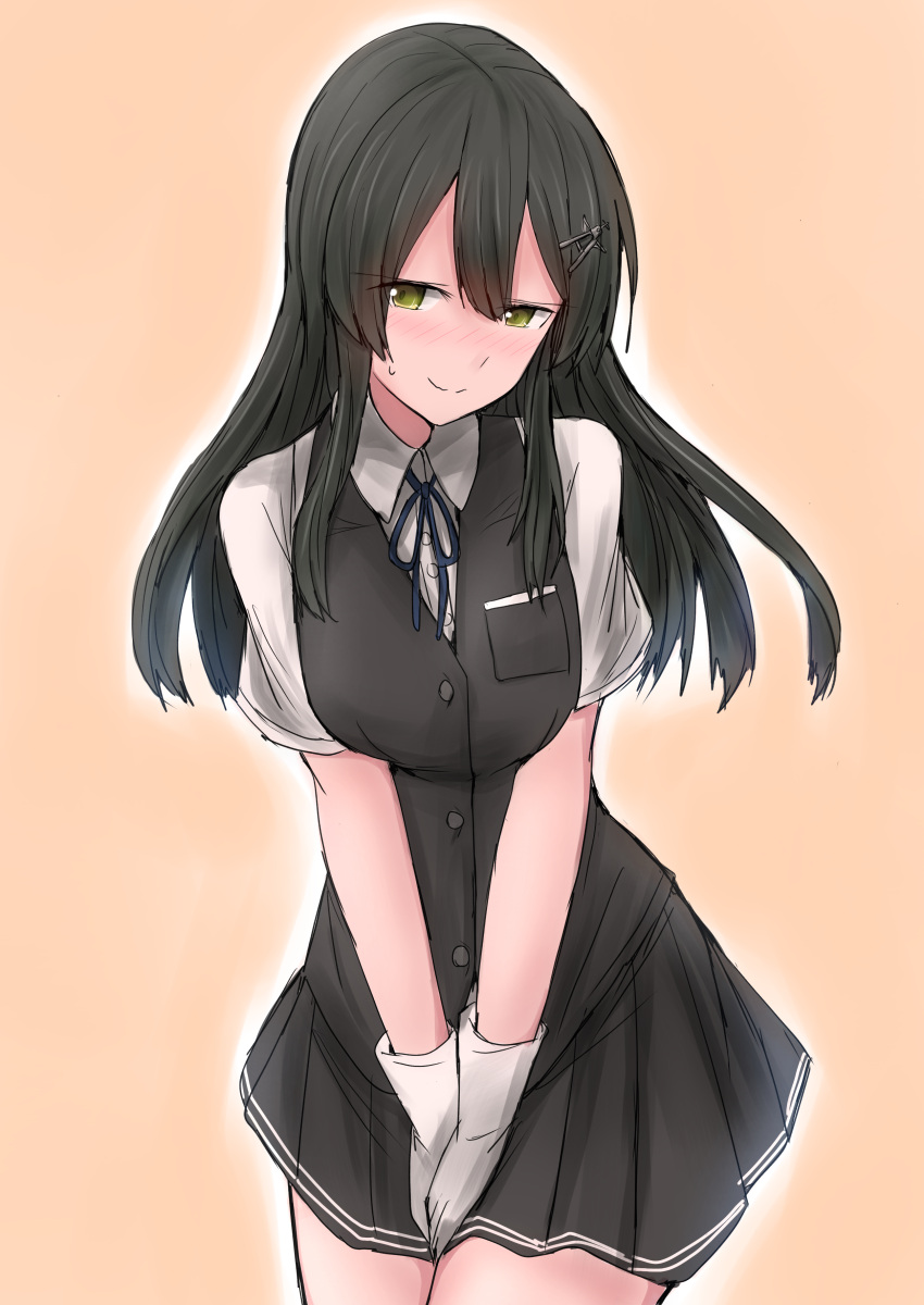 1girl, absurdres, black_hair, black_skirt, black_vest, blue_neckwear, blush, closed_mouth
