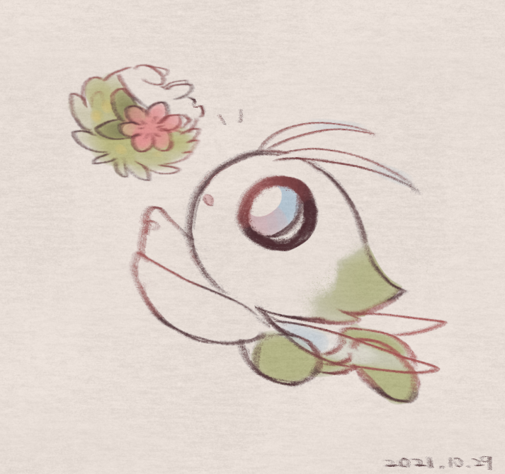 arms_up, blue_eyes, bright_pupils, celebi, commentary_request, dated, from_side, leels