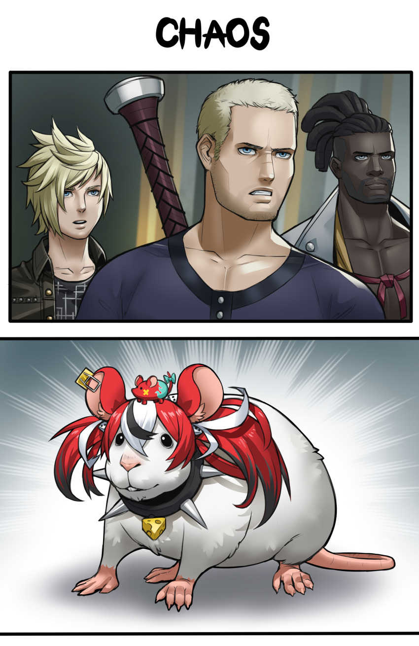 3boys, absurdres, animalization, ash_(ffo), black_hair, blonde_hair, blue_eyes, cheese, collar, collarbone, crossover, dark-skinned_male, dark_skin, emphasis_lines, english_commentary, english_text, exaxuxer, facial_hair, final_fantasy, food, hakos_baelz, hakos_baelz_(rat), highres, hololive, hololive_english, jack_garland, jed_(ffo), mousetrap, multiple_boys, parody, short_hair, spiked_collar, spikes, stranger_of_paradise:_final_fantasy_origin, upper_body, virtual_youtuber