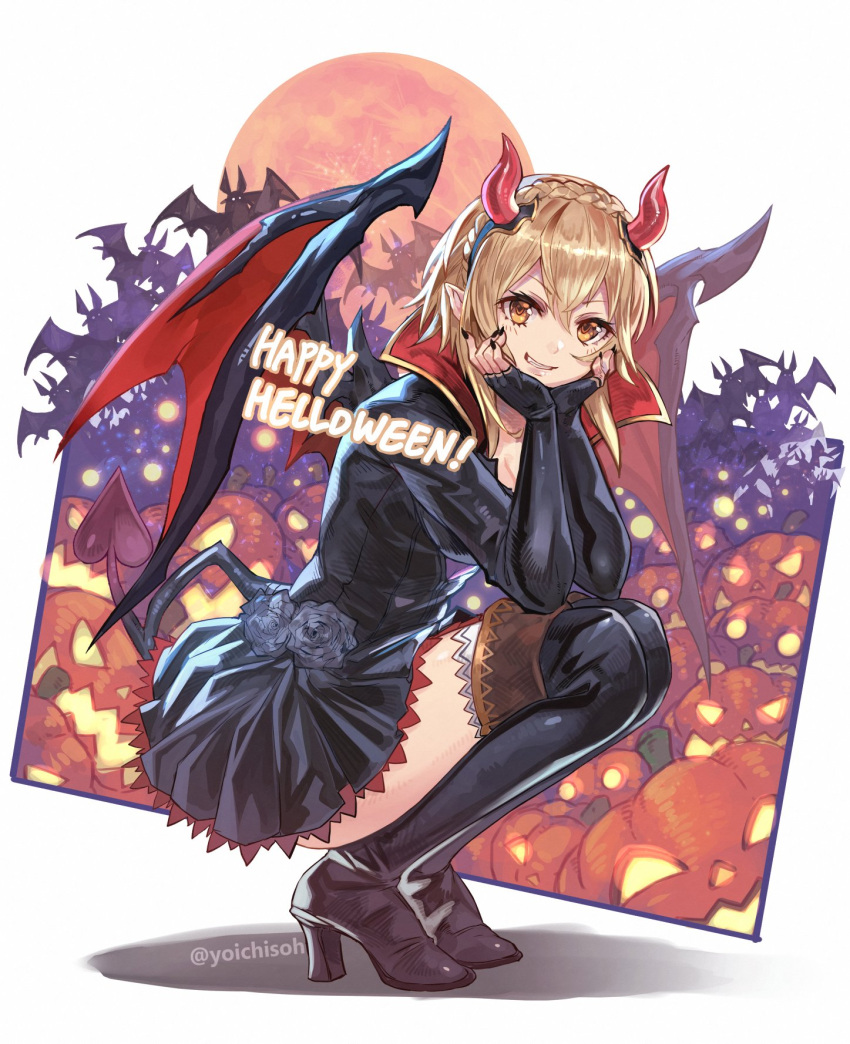 1girl, bangs, bat, black_dress, black_footwear, black_gloves, black_wings, boots