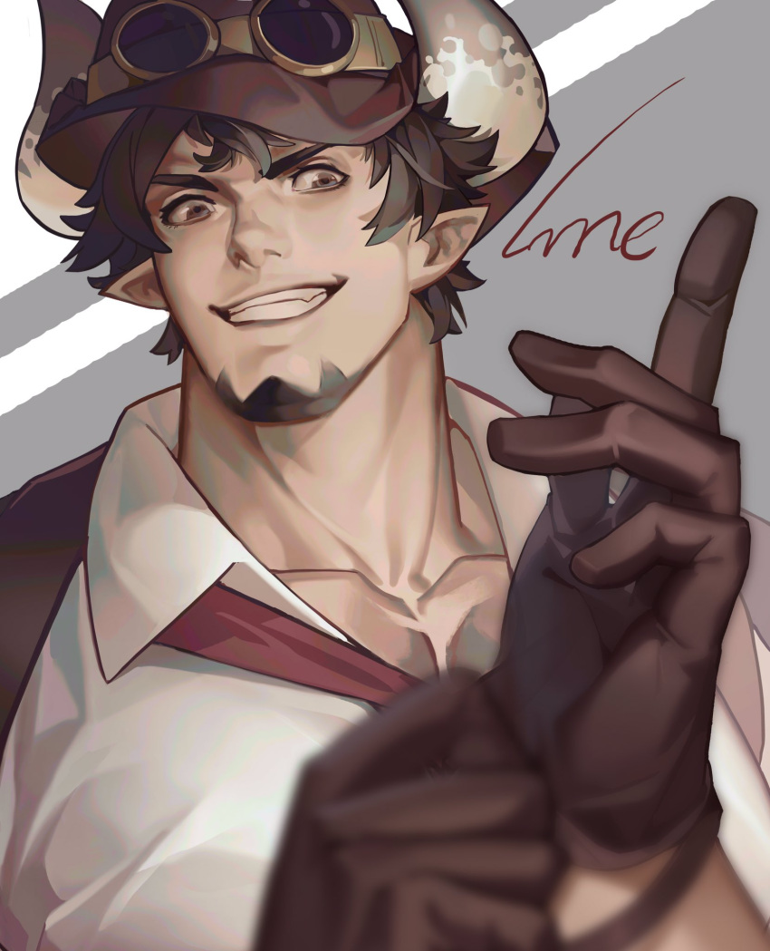 1boy, barawa, beard, draph, facial_hair, gloves, granblue_fantasy, hand_up