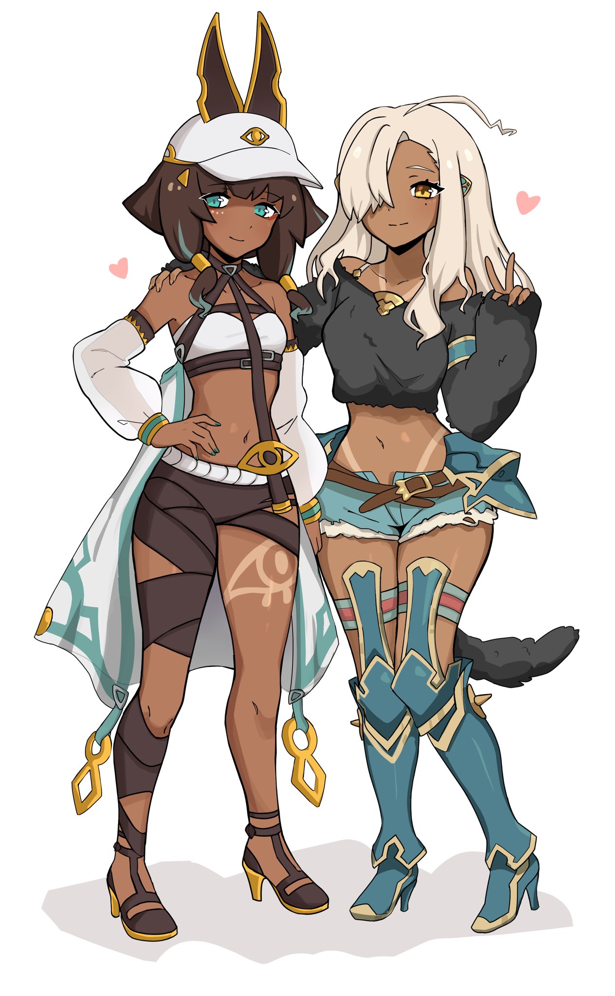2girls, alternate_costume, bangs, bare_shoulders, baseball_cap, black_hair, blonde_hair, blue_eyes, blue_hair, blue_nails, breasts, choker, dark_skin, dragalia_lost, hair_over_one_eye, hat, highres, krisb_ee, long_hair, medium_breasts, multicolored_hair, multiple_girls, nadine_(dragalia_lost), nail_polish, navel, nefaria, official_alternate_costume