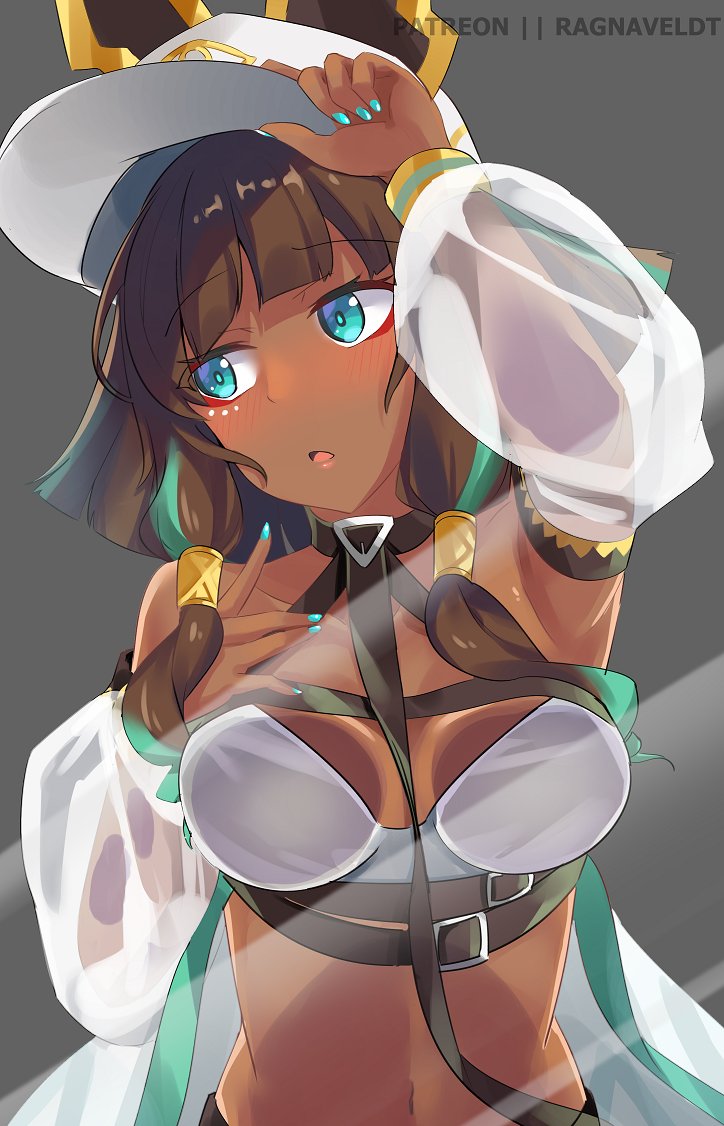 1girl, alternate_costume, bare_shoulders, baseball_cap, black_hair, blue_eyes, blue_hair, blue_nails