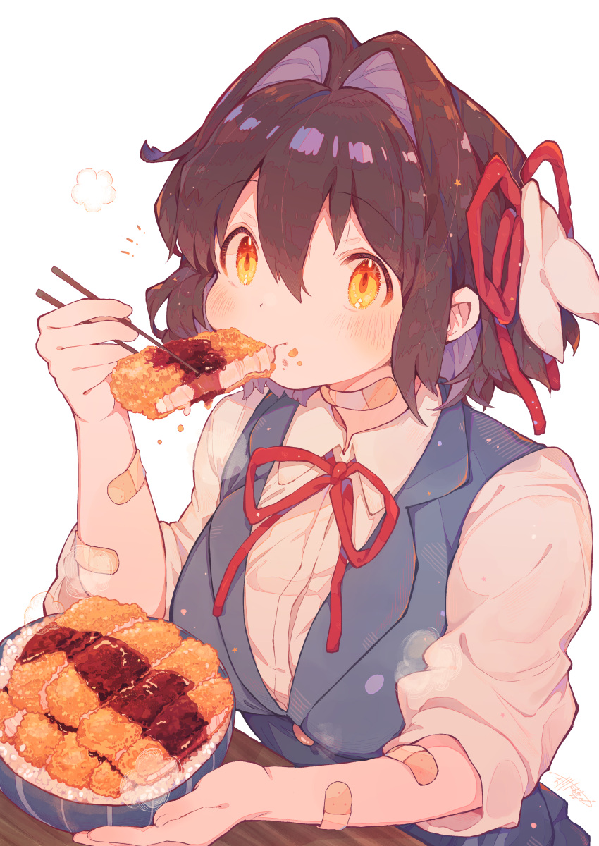 1girl, absurdres, amakawa_tamawo, ano_hito_no_i_ni_wa_boku_ga_tarinai, bandaid, bandaid_on_arm, bandaid_on_neck, bowl, breasts, brown_eyes, brown_hair, chopsticks, collared_shirt, commentary_request, eating, eyebrows_visible_through_hair, food, food_on_face, hair_between_eyes, hair_ears, hair_intakes, hair_ribbon, hand_up, highres, holding, holding_chopsticks, katsudon_(food), medium_breasts, medium_hair, mitsuhara_sachi, multiple_sources, neck_ribbon, notice_lines, red_ribbon, ribbon, shirt, simple_background, sleeves_pushed_up, slit_pupils, solo, table, upper_body, vest, white_background, white_shirt