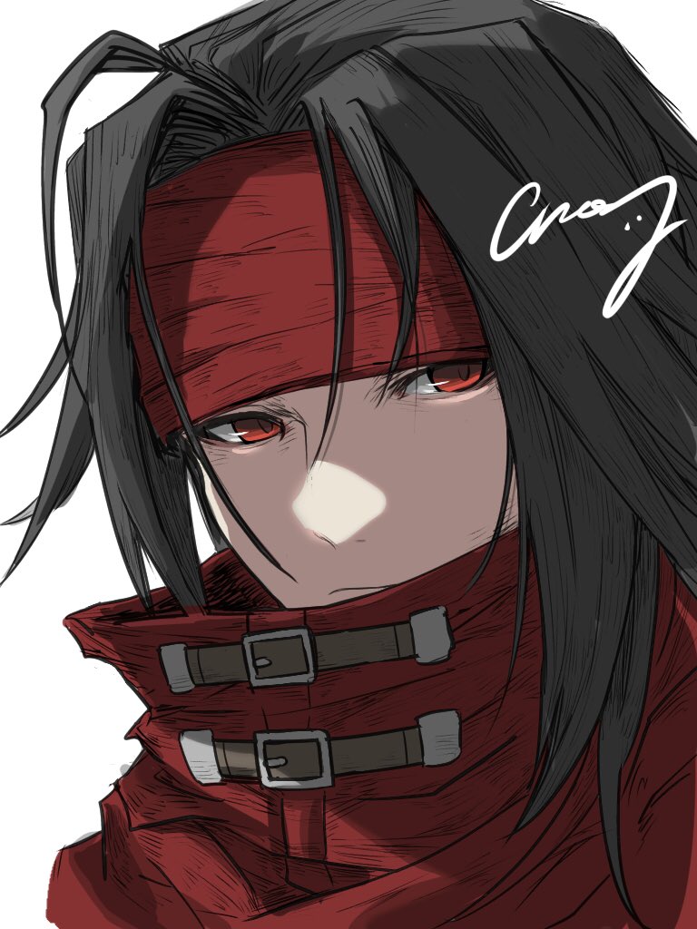 1boy, bandana, black_hair, cloak, crazy02oekaki, final_fantasy, final_fantasy_vii, frown, headband, long_hair, looking_to_the_side, male_focus, messy_hair, pale_skin, red_eyes, solo, vincent_valentine, white_background