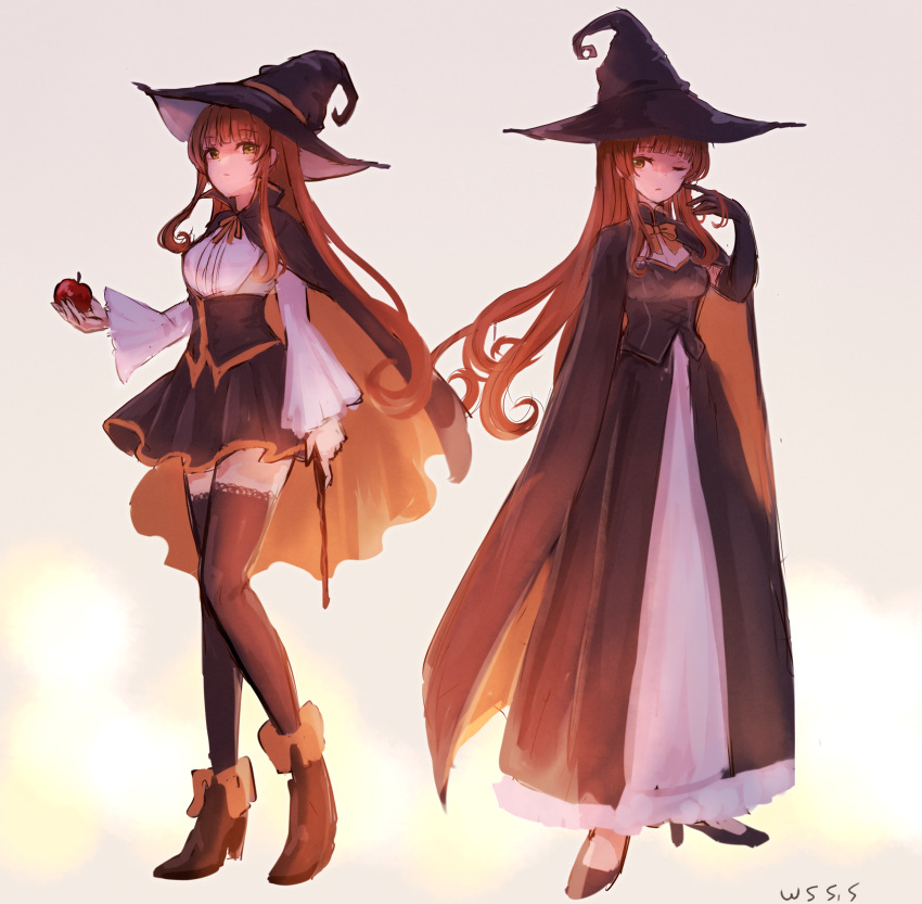 2girls, alternate_costume, apple, black_cape, black_cloak, black_gloves, black_headwear, black_legwear