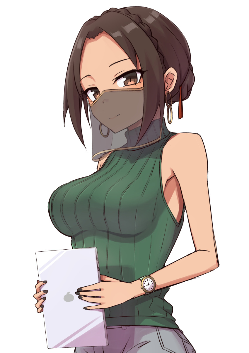 1girl, absurdres, bangs, bare_shoulders, braid, breasts, brown_eyes, brown_hair