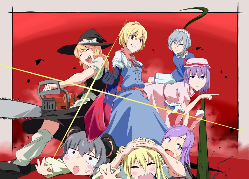6+girls, aasamu, absurdres, alice_margatroid, animal_ears, apron, bangs, black_footwear