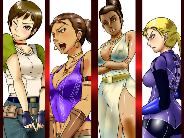 4girls, belt, blackfn, blonde_hair, blue_eyes, bodysuit, breasts, brown_eyes