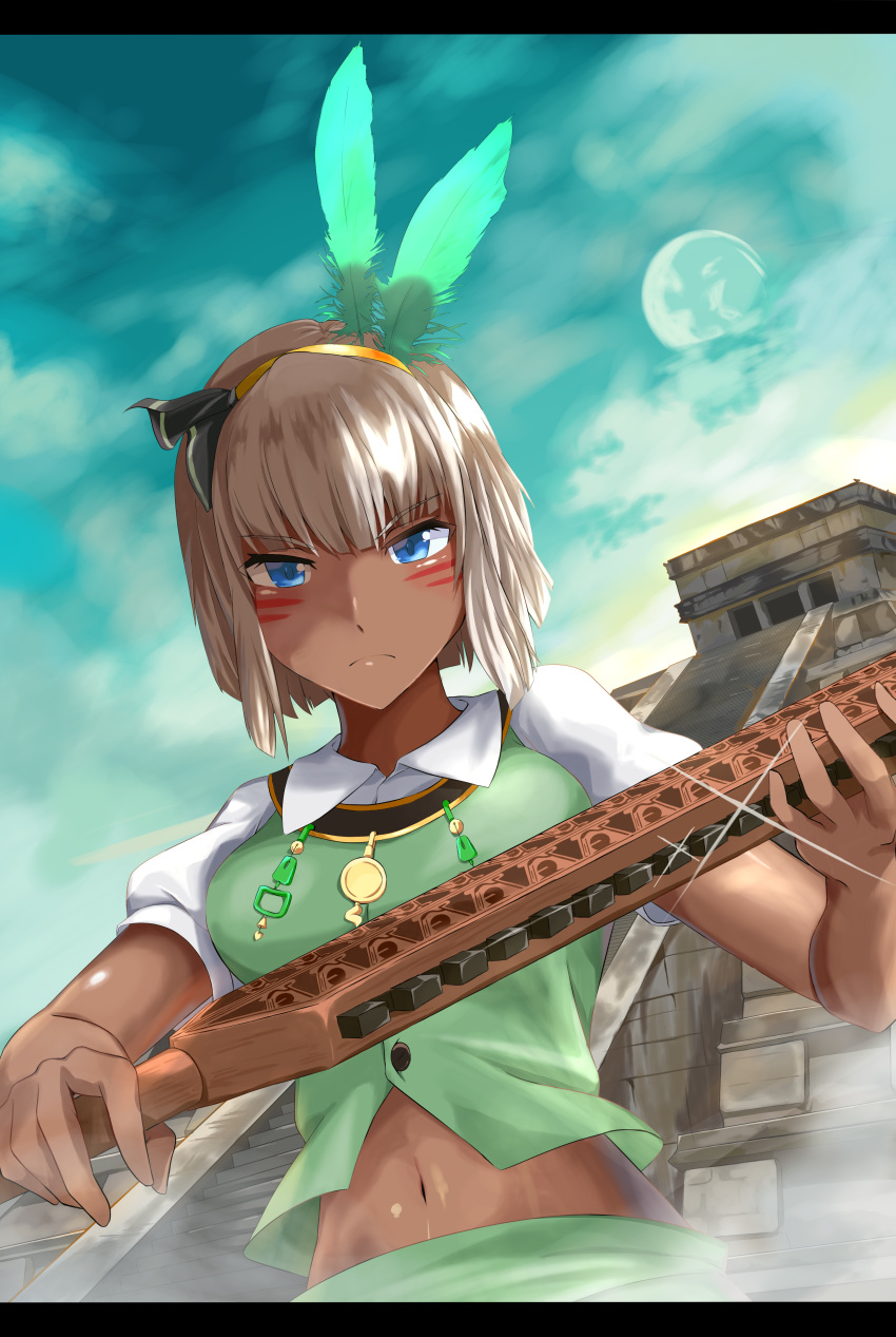 1girl, aasamu, absurdres, asatsuki_(cookie), aztec, bangs, black_ribbon, blue_eyes, blue_sky, breasts, buttons, closed_mouth, collared_shirt, commentary_request, cookie_(touhou), dark-skinned_female, dark_skin, day, expressionless, eyebrows_visible_through_hair, facepaint, feather_hair_ornament, feathers, full_moon, glint, gold_hairband, green_skirt, green_vest, hair_ornament, hair_ribbon, highres, holding, holding_sword, holding_weapon, konpaku_youmu, letterboxed, looking_at_viewer, macuahuitl, medium_breasts, midriff, moon, navel, platinum_blonde_hair, ribbon, shirt, short_hair, skirt, sky, solo, sword, temple, touhou, upper_body, vest, weapon, white_shirt