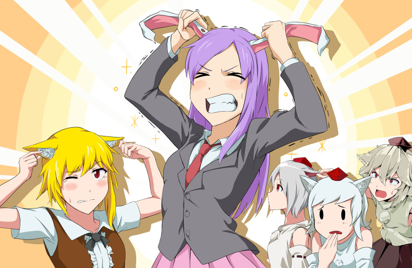 5girls, aasamu, absurdres, animal_ears, asymmetrical_hair, bangs, black_bow, black_bowtie