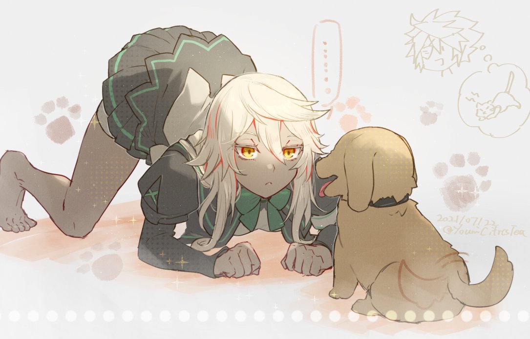 1girl, animal, barefoot, cat, closed_mouth, dark-skinned_female, dark_skin, dog