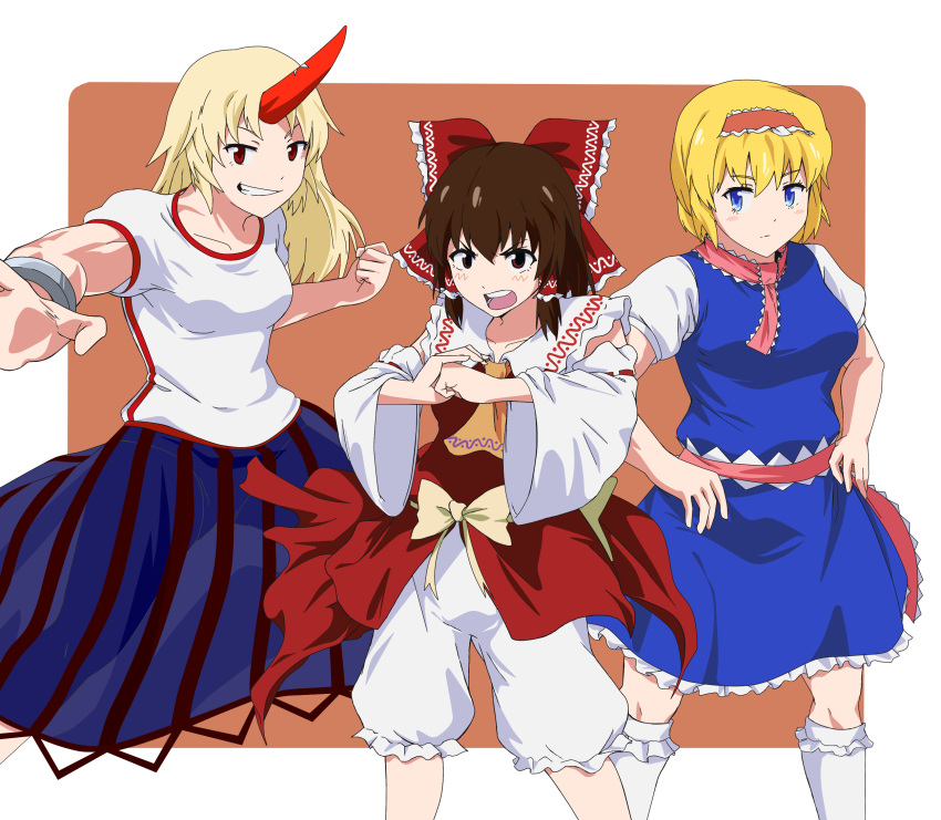 3girls, aasamu, alice_margatroid, ascot, bangs, blonde_hair, bloomers, blue_dress