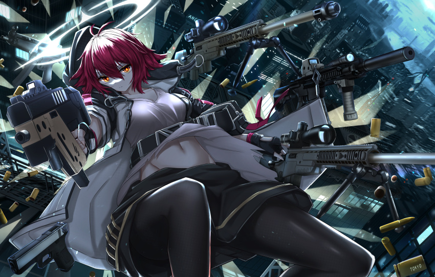 1girl, absurdres, arknights, assault_rifle, black_gloves, black_legwear, black_skirt, breasts, bullet, cityscape, closed_mouth, english_commentary, exusiai_(arknights), falling, feet_out_of_frame, fingerless_gloves, gloves, grey_shirt, groin, gun, halo, handgun, highres, holding, holding_gun, holding_weapon, hood, hooded_jacket, jacket, looking_at_viewer, medium_breasts, midriff, navel, night, open_clothes, open_jacket, pantyhose, pistol, pouch, red_eyes, redhead, rifle, scope, serious, shell_casing, shirt, short_hair, skirt, sniper_rifle, solo, submachine_gun, tokyo_(1421), weapon, white_jacket