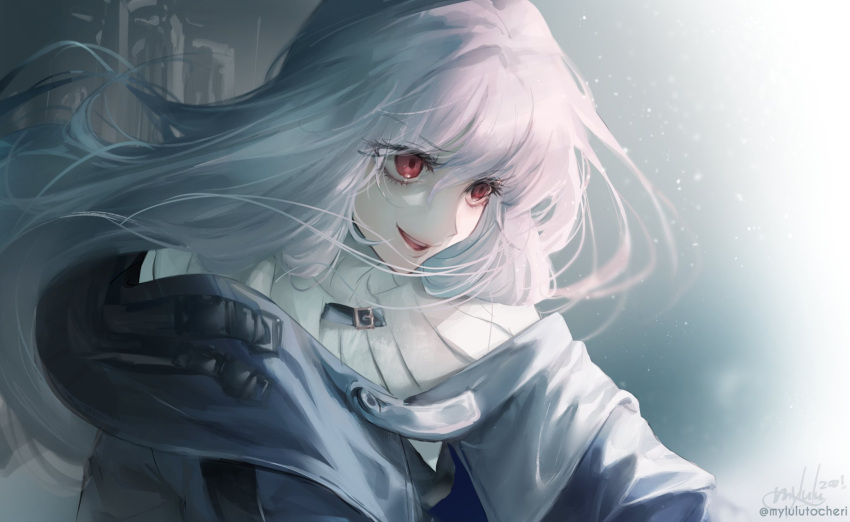 1girl, :d, arknights, bangs, black_capelet, black_dress, capelet, commentary_request, dress, eyebrows_visible_through_hair, highres, long_hair, long_sleeves, looking_ahead, myluche, red_eyes, signature, silver_hair, smile, solo, specter_(arknights), teeth, thigh-highs, turtleneck, twitter_username, upper_teeth, very_long_hair