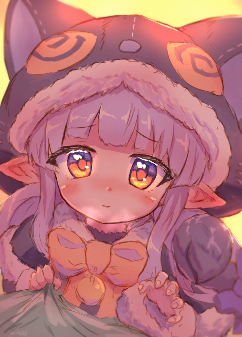 1girl, animal_hood, bangs, blush, bow, bowtie, cat_hood, claw_pose