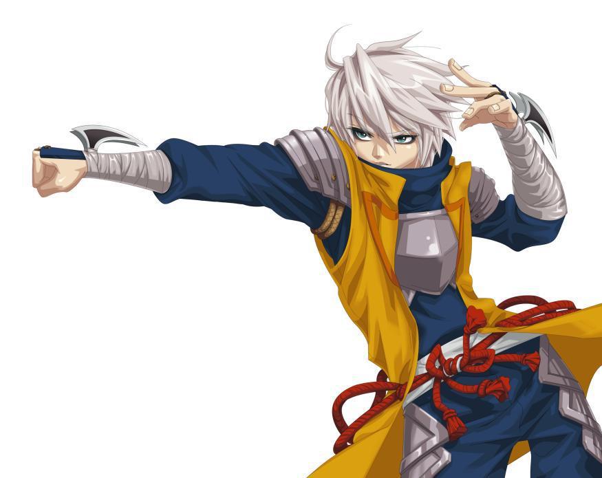 1boy, ahoge, armor, bandages, belt, blue_eyes, blue_suit, breastplate, looking_to_the_side, mini_fighter, ninja, official_art, parted_lips, punching, ryusei_(mini_fighter), white_hair, wrist_blades, yellow_vest