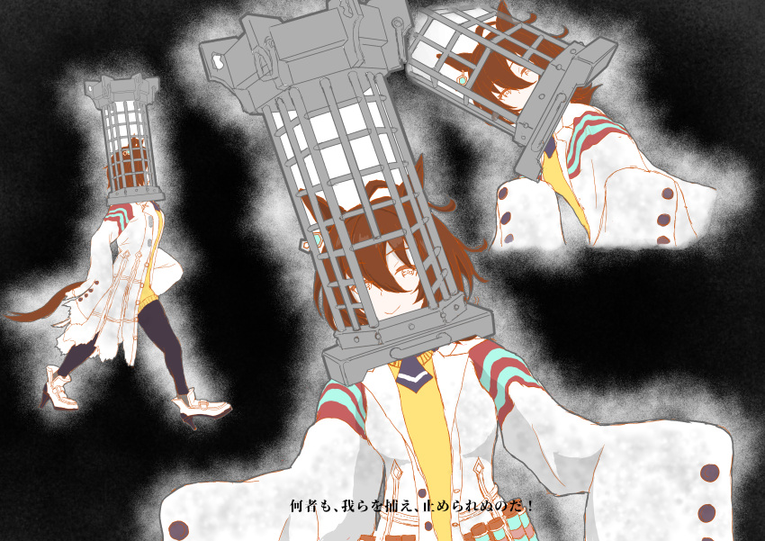 1girl, absurdres, agnes_tachyon_(umamusume), ahoge, black_legwear, black_neckwear, bloodborne, brown_hair
