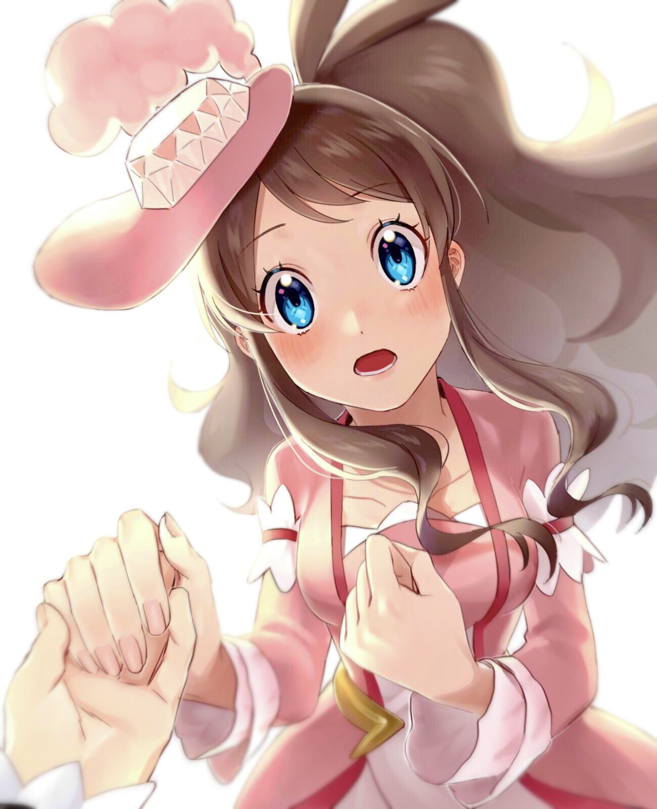 1girl, antenna_hair, blue_eyes, blush, breasts, brown_hair, collarbone, commentary_request