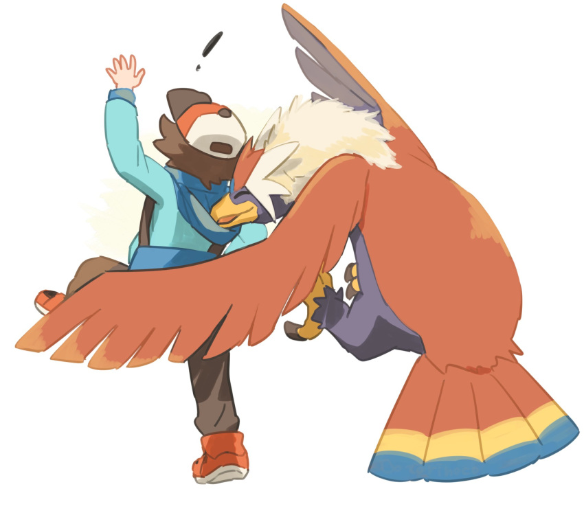 !, 1boy, arm_up, beak, bird, braviary, brown_hair, brown_pants