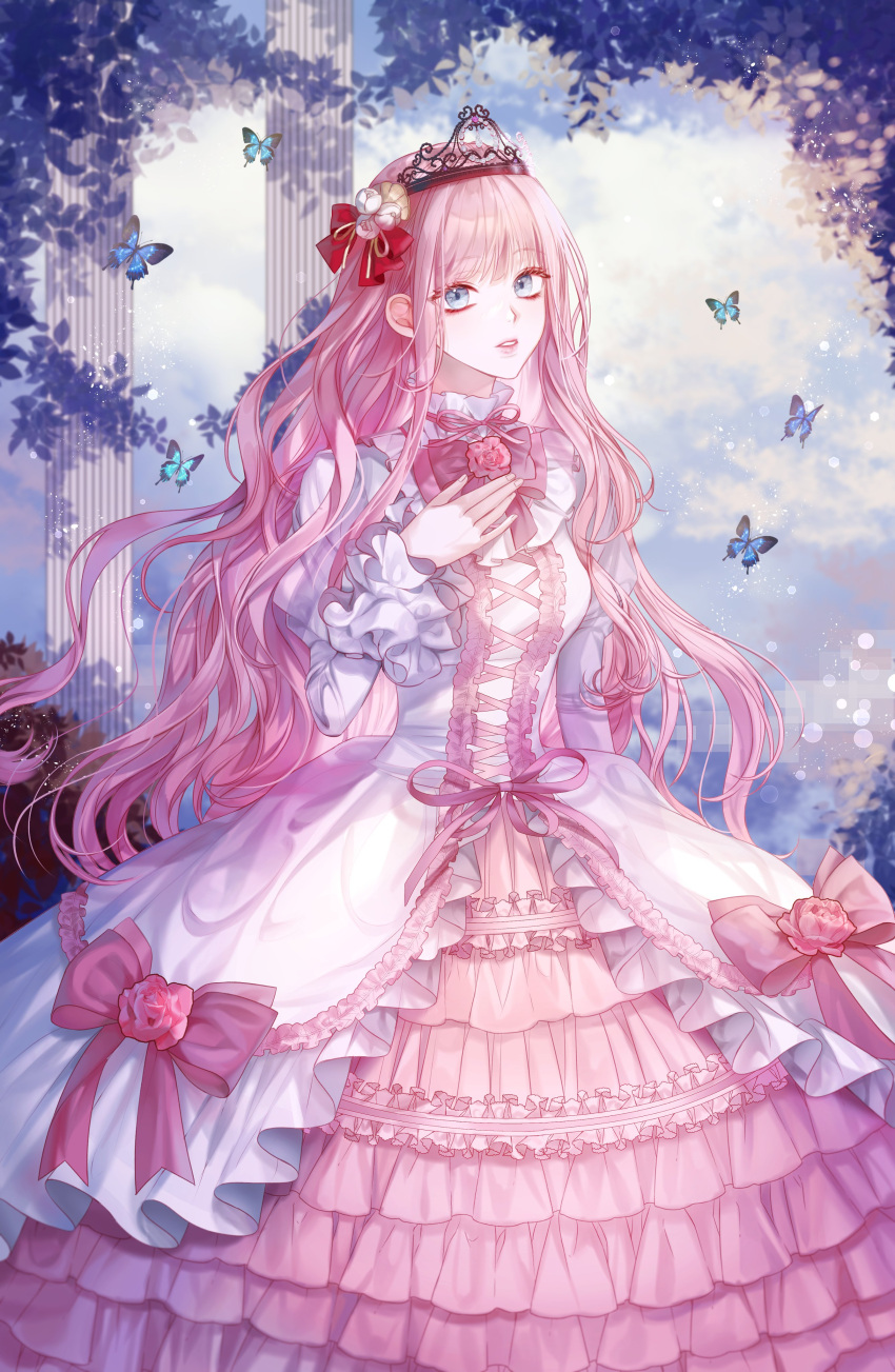 1girl, absurdres, aqua_butterfly, arm_behind_back, bangs, blue_butterfly, blue_eyes, blunt_bangs