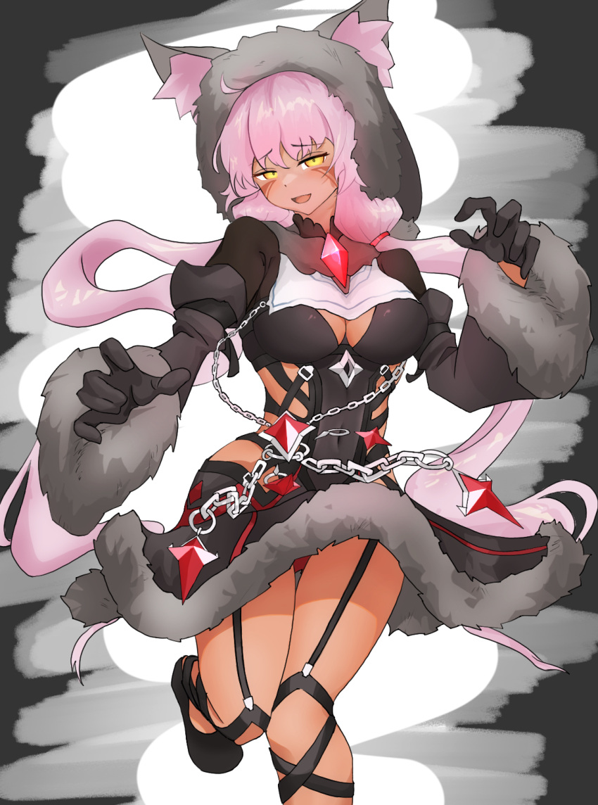 animal_ears, bangs, breasts, chain, chappytkn0425, cleavage_cutout, clothing_cutout, covered_navel