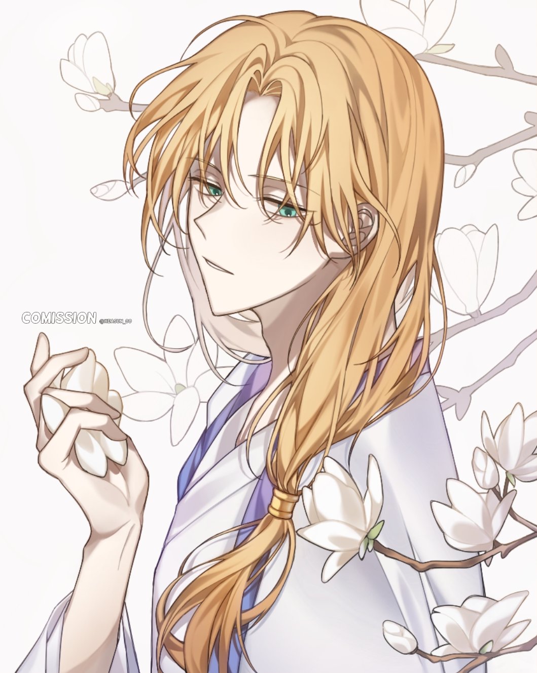 1boy, akatsuki_no_yona, aqua_eyes, blonde_hair, flower, from_side, hair_between_eyes, hair_over_shoulder, heasun_00, highres, holding, holding_flower, korean_clothes, long_hair, long_sleeves, looking_down, male_focus, solo, soo-won_(akatsuki_no_yona), tied_hair, upper_body, white_flower