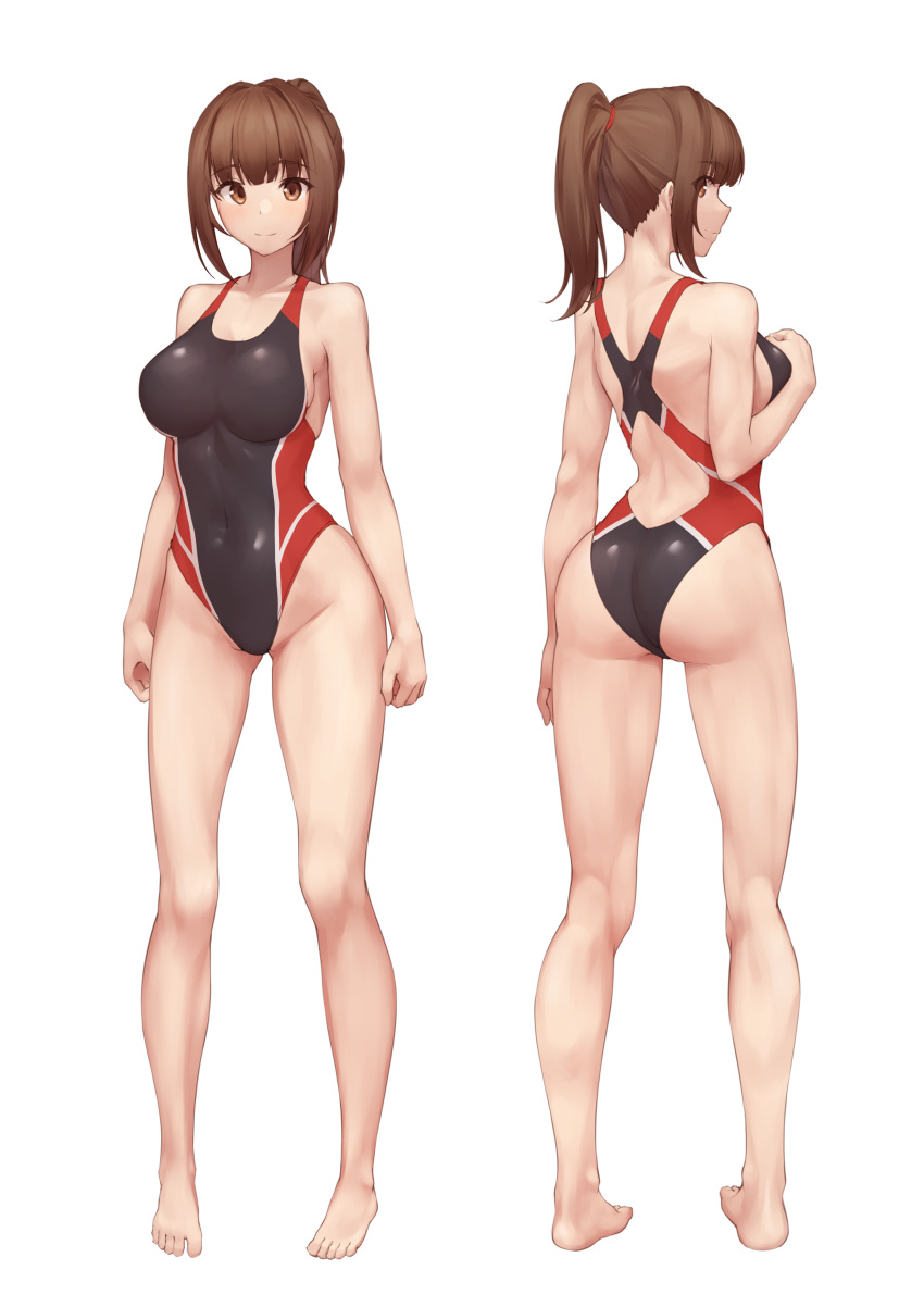 1girl, absurdres, bangs, barefoot, black_swimsuit, breasts, brown_eyes, competition_swimsuit
