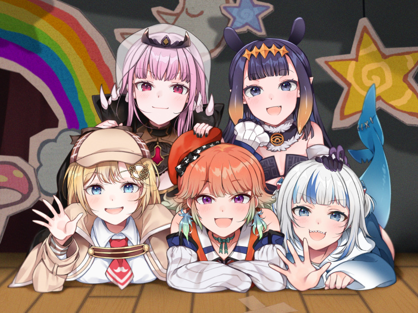 5girls, :d, bangs, beret, black_collar, black_dress, black_gloves, black_nails