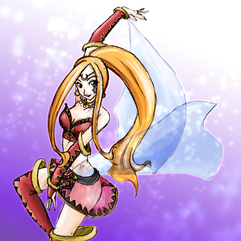 choker, chrono_cross, detached_sleeves, female, green_eyes, long_hair, miki_(chrono_cross), miniskirt