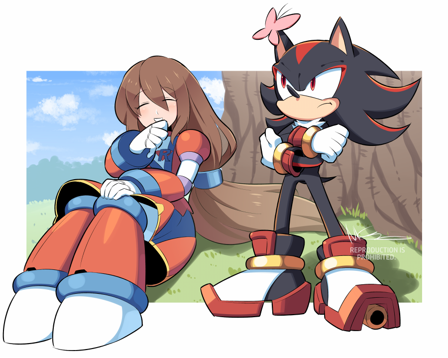1boy, 1girl, android, animal_nose, bangs, black_hair, blush, brown_hair, bug, butterfly, crossed_arms, dress, eyebrows_visible_through_hair, furry, furry_male, gloves, hair_between_eyes, iris_(mega_man), long_hair, low-tied_long_hair, mcnr, mega_man_(series), mega_man_x4, mega_man_x_(series), multicolored_hair, open_mouth, outdoors, red_eyes, redhead, shadow_the_hedgehog, shoes, signature, sitting, sky, smile, sonic_(series), sonic_adventure_2, tree, two-tone_hair, white_gloves
