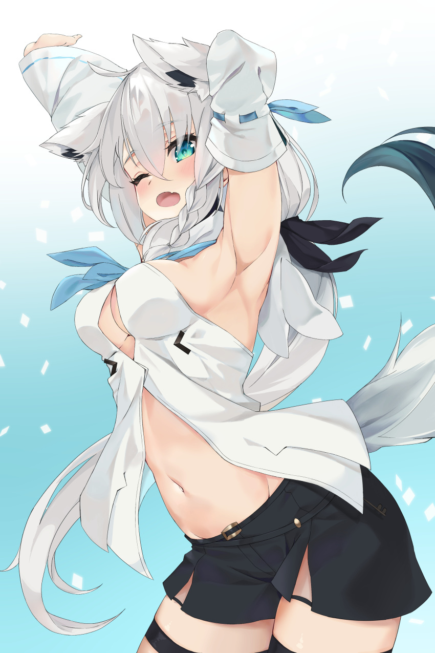 1girl, ;o, aa_(16rrr16), absurdres, ahoge, animal_ears, armpits, arms_up