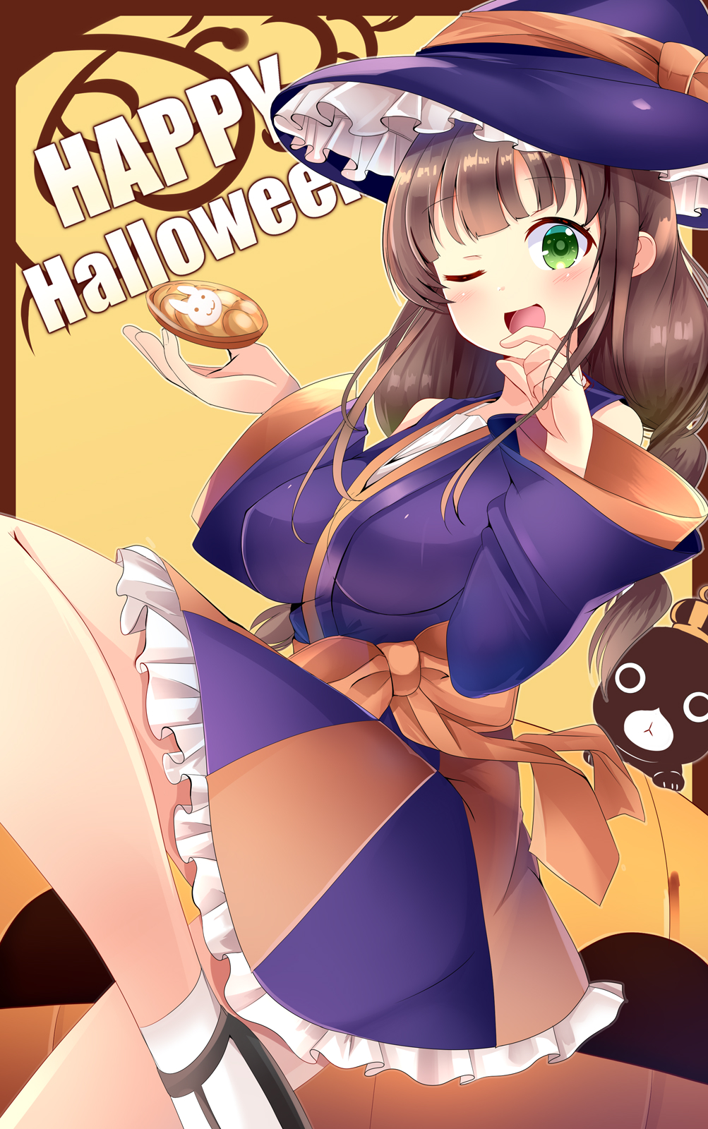 1girl, alternate_hairstyle, animal, anko_(gochiusa), aru_(arudes), black_hair, black_headwear, blush