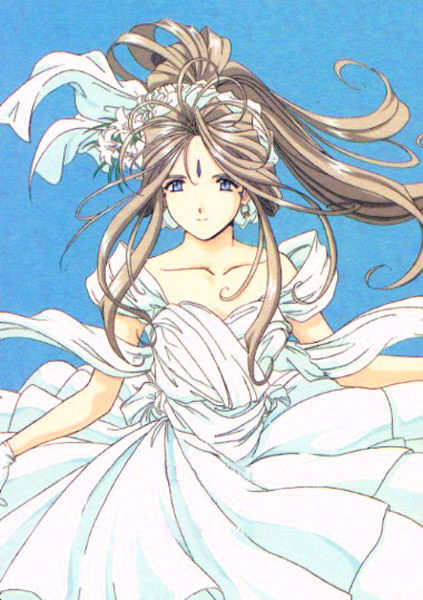 aa_megami-sama, belldandy, facial_mark, goddess, kosuke_fujishima, ponytail, wedding_dress, white_dress