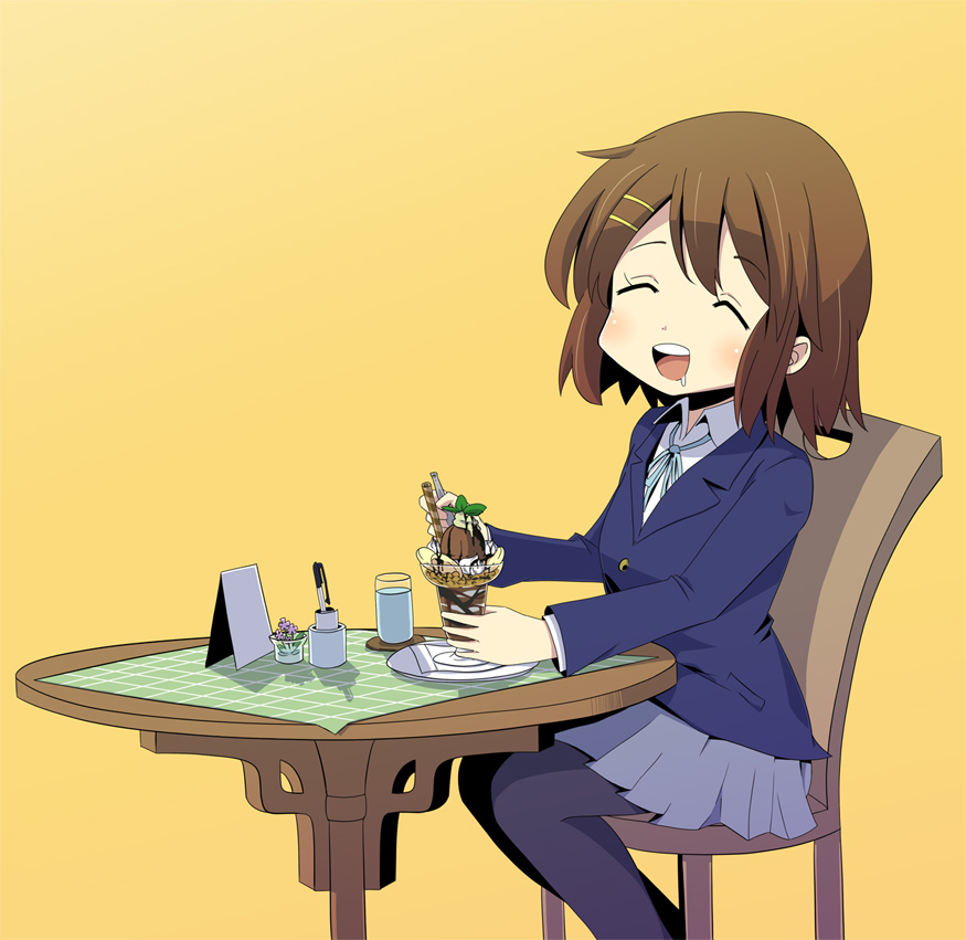 brown_hair, chair, closed_eyes, drinking_glass, drooling, hirasawa_yui, k-on!, pantyhose